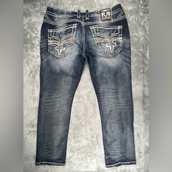 Rock Revival Jeans Mens 40x31 Blue Medium Wash Hern Straight Thick Stitch Cowboy